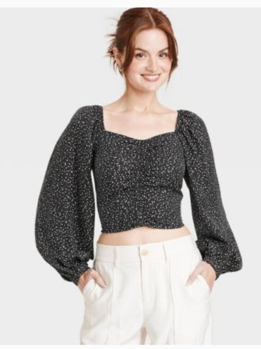 A New Day Polka Dot Balloon Sleeve Cropped Blouse NWT Medium